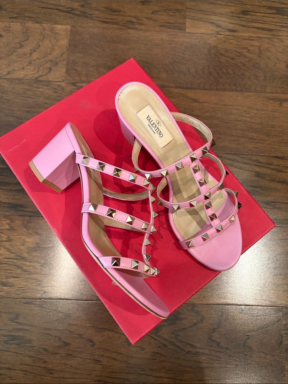 Valentino Pink RockStud Strappy Block Heel Sandals Sz. 38.5